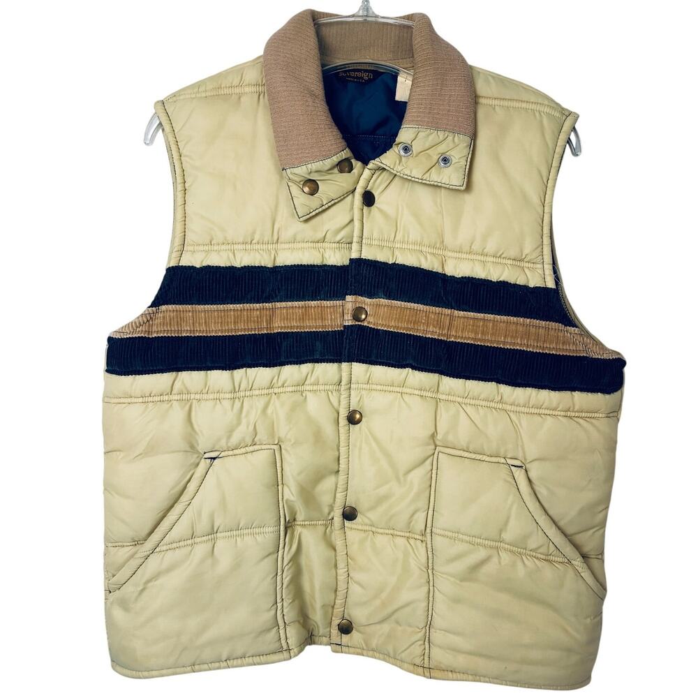 Vintage Sovereign Puffer Vest Medium Tan Blue Corduroy 80s Retro Made in USA